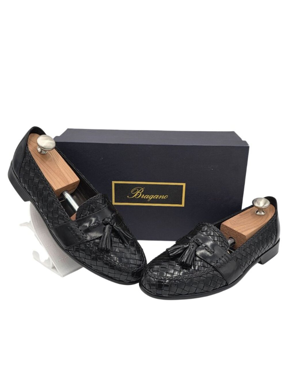 NEW Vintage Bragano Italy Black Woven Leather Tassel Loafer Men 10.5M Dress Shoe - Picture 14 of 14